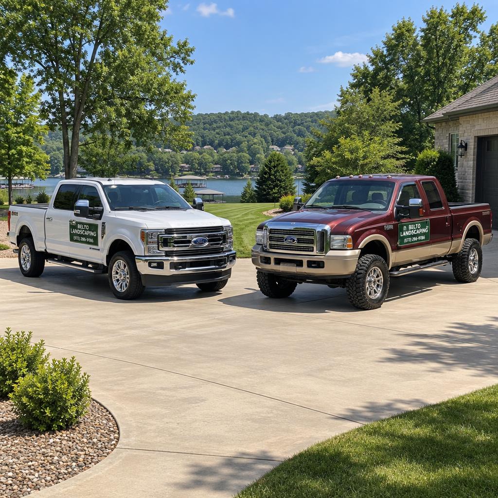 Belto Landscaping fleet β white Ford F-250 and burgundy lifted King Ranch F-250 with company door signs