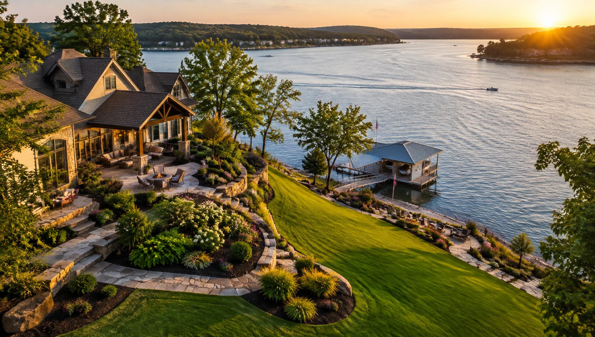 Manicured lakeside property at the Lake of the Ozarks at golden hour